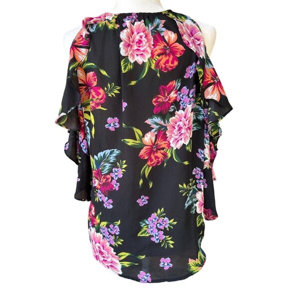 Floral Cold-Shoulder Blouse‎ By Umgee USA - Size S Navy Black Background - Picture 5 of 8